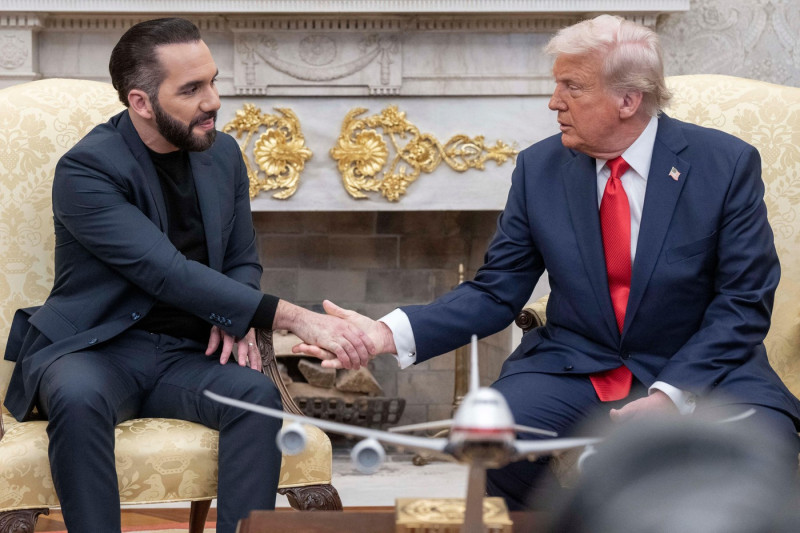 Washington, United States. 14th Apr, 2025. U.S. President Donald Trump shakes hands with the Prime Minister of the Republic of El Salvador Nayib Bukele in the Oval Office at the White House in Washington, DC on Monday, April 14, 2025. Photo by Ken Cedeno/