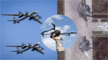 colaj bombardiere strategice Tu-95, dronă FPV ucraineană, bombardiere rusești distruse după un atac cu drone al Ucrainei