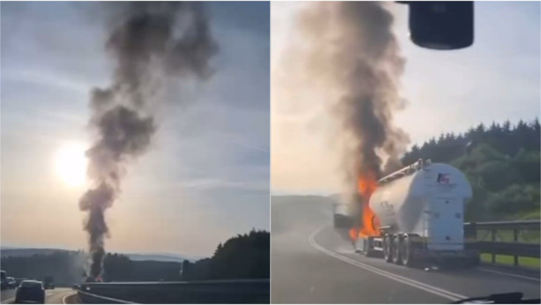 VIDEO  Camion cu ciment cuprins de flăcări în Cluj. Incendiul a izbucnit la cabina vehiculului