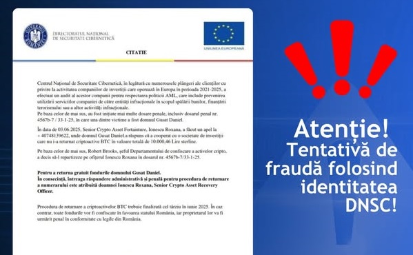 Tentativă de fraudă în numele DNSC, sub forma unei „citații oficiale”. „Nu răspundeţi şi nu divulgaţi informaţii”