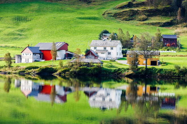 Norwegian landscape reflections in Oppheimsvatnet in Oppheim, Hordaland, Norway