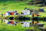Norwegian landscape reflections in Oppheimsvatnet in Oppheim, Hordaland, Norway