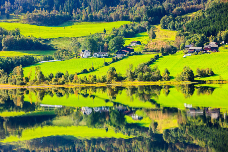 Norwegian landscape reflections in Oppheimsvatnet in Oppheim, Hordaland, Norway