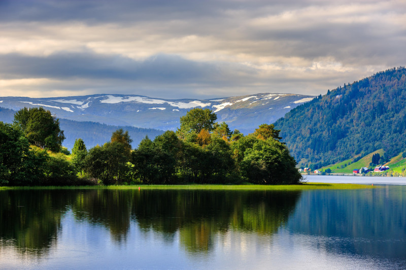 Norwegian landscape reflections in Oppheimsvatnet in Oppheim, Hordaland, Norway