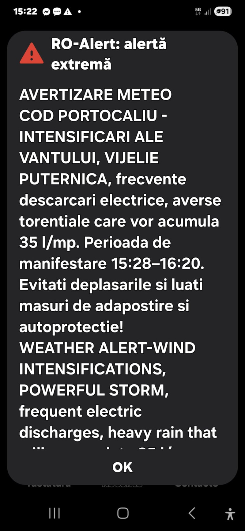 Cod portocaliu. Mesaj Ro Alert