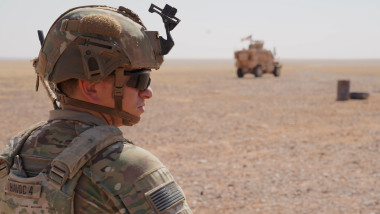 A U.S. Army Soldier assigned to Bravo Troop, 1st Squadron, 102nd Cavalry Regiment, 44th Infantry Brigade Combat Team, New Jersey Army National Guard, trains alongside Soldiers of the Syrian Free Army, in Southern Syria, June 8, 2024. Coalition forces regu