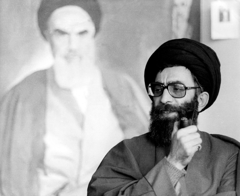 Chamenei, Hajatoleslam Ali al-Hussaini, * 18.4.1939, Supreme Leader of Iran since 4.6.1989, portrait, in background a picture of Ruhollah Musawi Chomeini, (1900-1989), 1980s, Grand Ayatollah, Seyyed Ali Hossayni Khamenei, Khomeini, ,