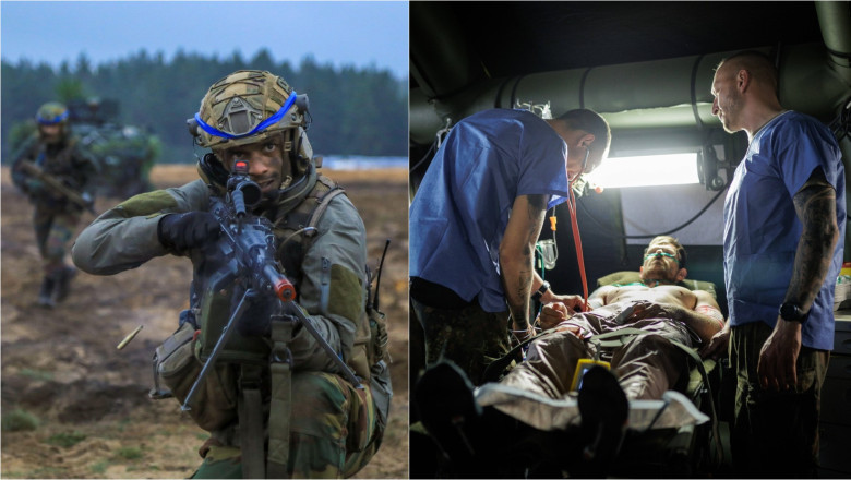 soldați NATO într-un exercițiu militar în Lituania / medici simulare îngrijiri medicale