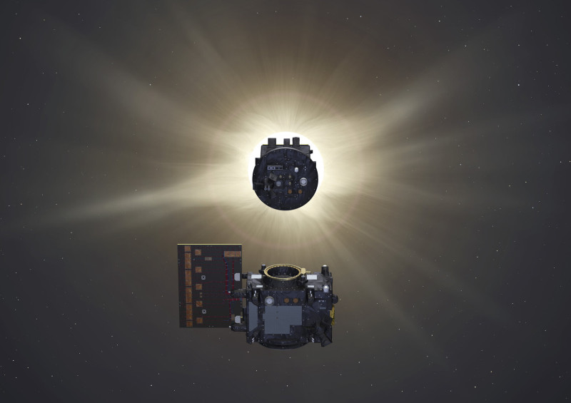 esa Proba-3_Occulter_eclipsing_Sun_for_Coronagraph_spacecraft_pillars