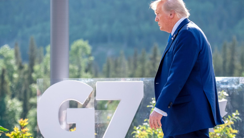 Kananaskis, Alberta, Kanada, 17.06.2025: Mountain Lodge: G7-Gipfel 2025: Donald Trump kommt zum Familienfoto (Foto: Mich