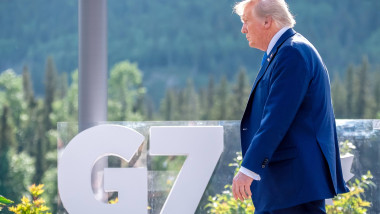Kananaskis, Alberta, Kanada, 17.06.2025: Mountain Lodge: G7-Gipfel 2025: Donald Trump kommt zum Familienfoto (Foto: Mich