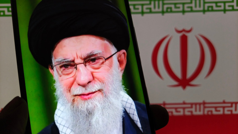 A,Smartphone,Displaying,Iran's,Supreme,Leader,,Ayatollah,Ali,Khamenei,,With