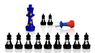 Europe Union sanctions and embargo for Russian war and aggression in Ukraine. Chess made from flags of EU and Russia. 18 sanctions package