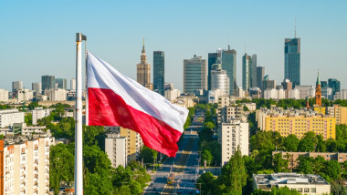 Polish,National,White,And,Red,Flag,Against,Skyscrapers,In,Warsaw