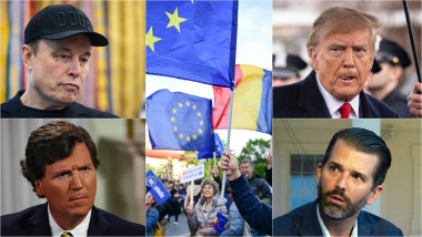 colaj Elon Musk, Tucker Carlson, Donald Trump, Trump Jr., proteste pro-UE în România