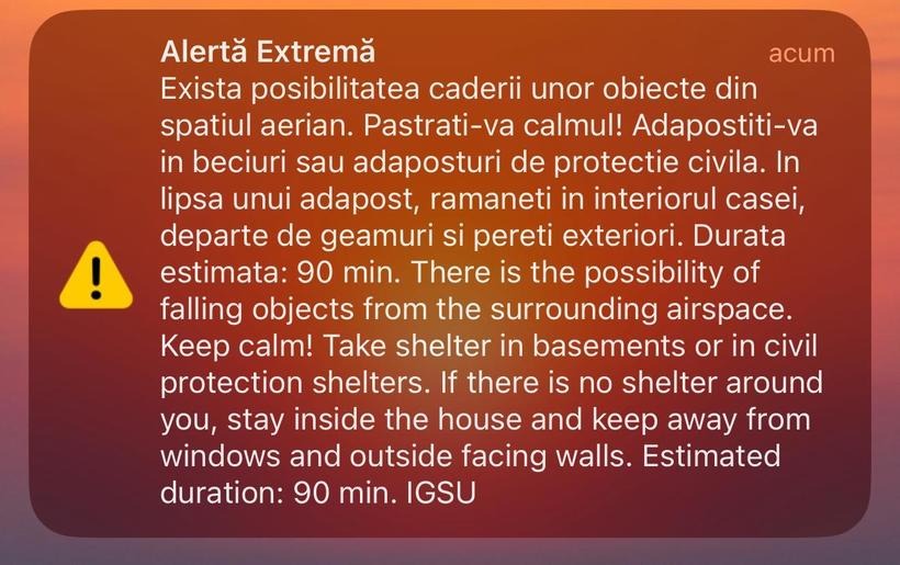 Mesaj Ro-Alert primit de locuitorii din apropiere de granița cu Ucraina. Pericol de cădere a unor „obiecte din spațiul aerian”