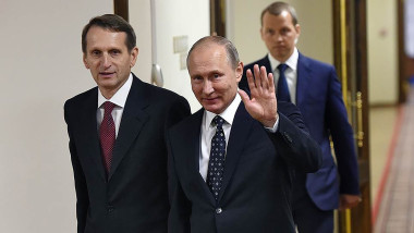 Vladimir Putin pictured with the head of SVR intelligence service Sergei Naryshkin