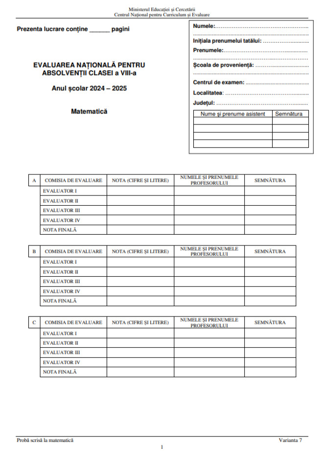 Subiecte matematică, Evaluarea Națională 2025, pagina 1