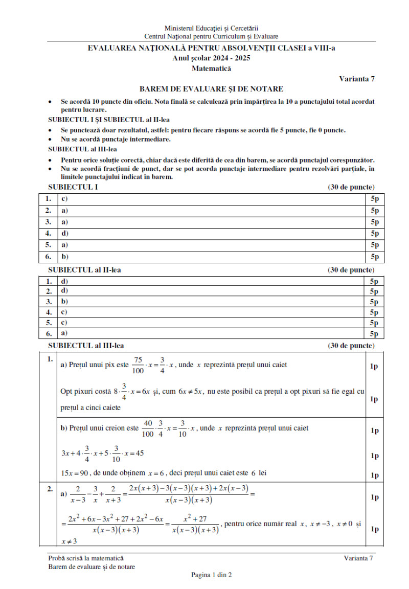 Barem de corectare la matematică, pagina 1