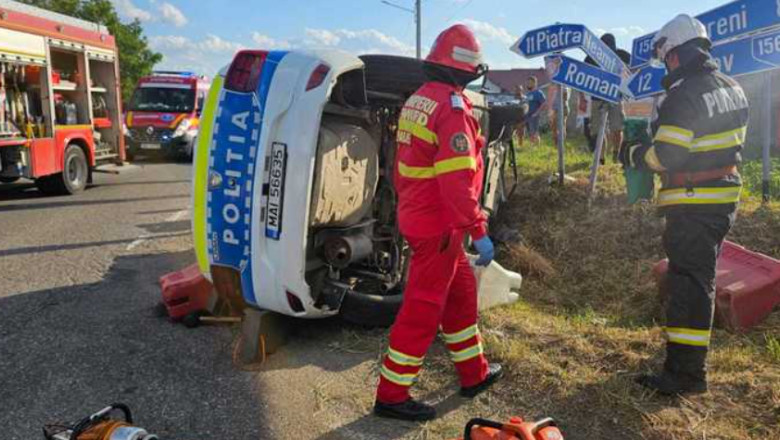 Accident grav în Neamț. O autospecială a poliției aflată în misiune s-a răsturnat după ce a fost acroșată de un alt autoturism