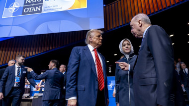 U.S. President Donald Trump in conversation with Turkish President Recep Tayyip Erdogan at the 2025 Summit in The Hague