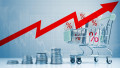World cost rising, Global crisis inflation concept. Shopping cart with Percentage cubes, Stacked coins and red growth graph. global crisis inflation a
