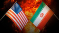Flags of iran and United States of america against the background of a fiery explosion. The concept of enmity and war between countries. Tense politic