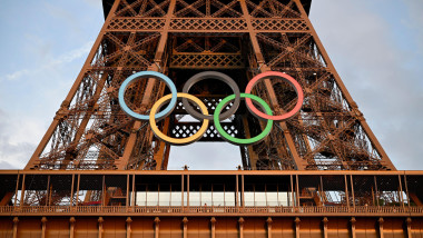 Paris (France): the Eiffel Tower with the Olympic rings for the Paris 2024 Olympic Games