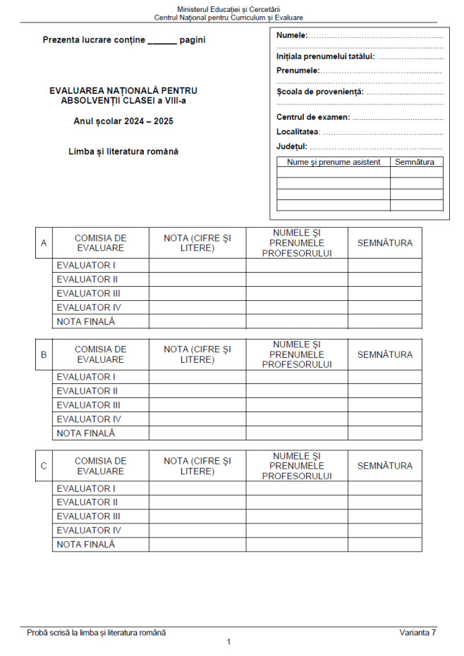 Subiecte Evaluare Națională, limba și literatura română, pag 1
