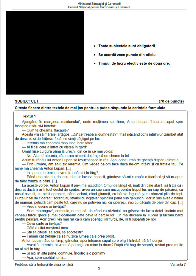 Subiecte Evaluare Națională, limba și literatura română, pagina 2
