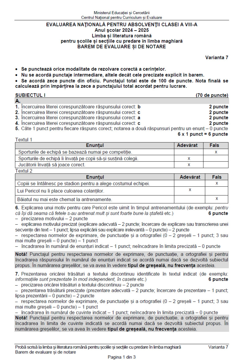 Barem de corectare la limba și literatura română, pentru limba maghiară, pagina 1