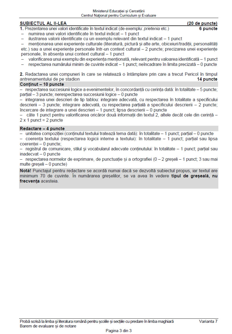 Barem de corectare la limba și literatura română, pentru limba maghiară, pagina 3