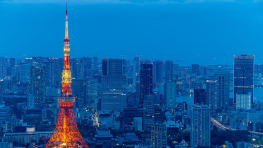 The evening view of the 2nd highest building, Tokyo Tower, in Japan.