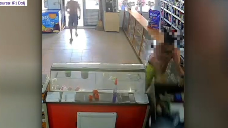 VIDEO  Haos într-un magazin din Dolj. Un client violent a distrus mobilierul după ce vânzătorul a refuzat să-i dea băutură