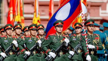 Moscow, Russia. 09 May, 2025. Lao People's Armed Forces soldiers march past the review stand during the annual Victory Day military parade through Red Square, May 9, 2025, in Moscow, Russia. Credit: Ricardo Stuckert/President Brazil/Alamy Live News