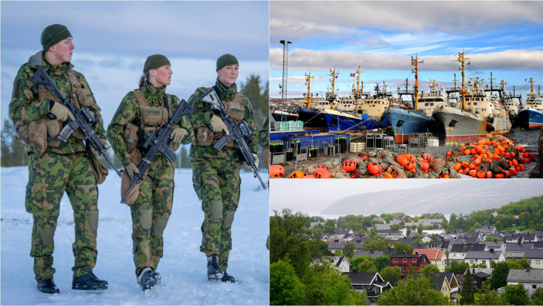soldați norvegieni, vase de pescuit rusești și case în Kirkenes, Norvegia