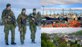 soldați norvegieni, vase de pescuit rusești și case în Kirkenes, Norvegia