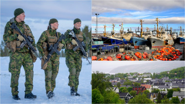 soldați norvegieni, vase de pescuit rusești și case în Kirkenes, Norvegia
