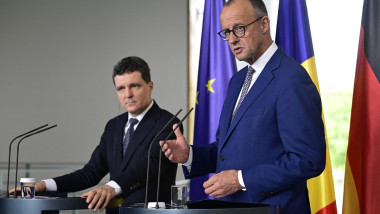 Cancelarul german Friedrich Merz, în timpul conferinței de presă cu președintele României, Nicușor Dan. Foto: Profimedia