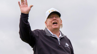 US President Donald Trump, on the first tee during the official opening of the New Course, the second championship course at Trump International Golf Links, on the Menie Estate in Balmedie, Aberdeenshire. The president is opening up a new course dedicated