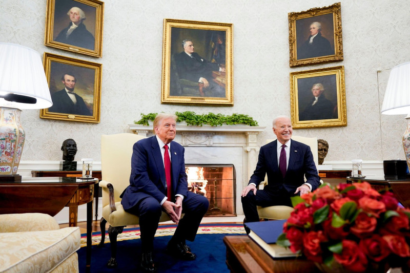 United States President Joe Biden, right, and US President-elect Donald Trump during a meeting in the Oval Office of the White House in Washington, DC, US, on Wednesday, November 13, 2024. Biden will argue in favor of continued US aid to Ukraine during th