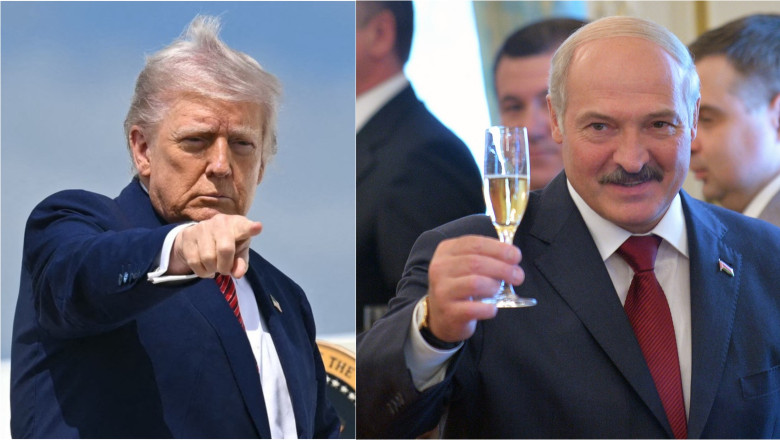 Donald Trump arată cu degetul / Alexandr Lukașenko cu un pahar de șampanie