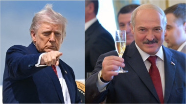 Donald Trump arată cu degetul / Alexandr Lukașenko cu un pahar de șampanie