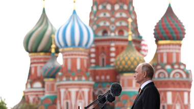 Moscow, Russia. 09 May, 2025. Russian President Vladimir Putin delivers an address during the annual Victory Day military parade at Red Square, May 9, 2025, in Moscow, Russia. Credit: Gavriil Grigorov/Russian Government/Alamy Live News