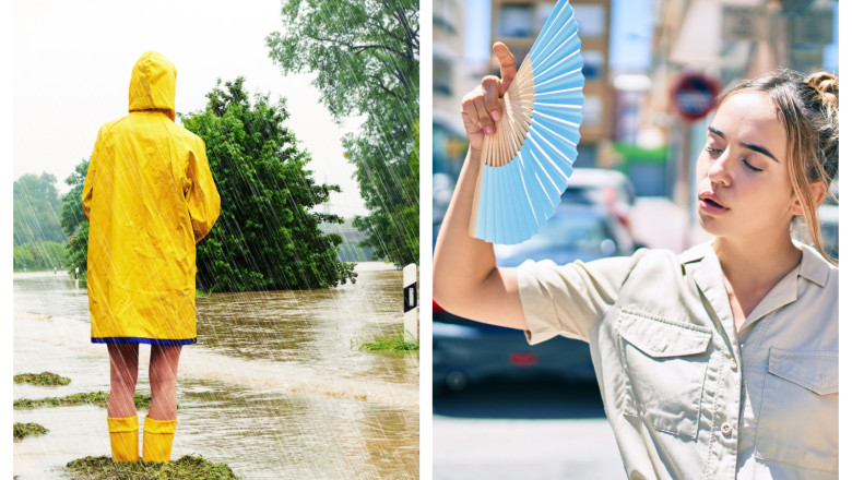 femeie cu pelerina de ploaie si femei cu evantai