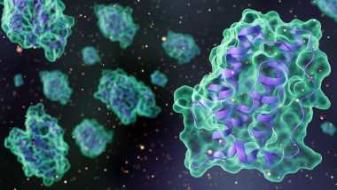 3D rendering of complex leptin protein molecular structures at a microscopic level.