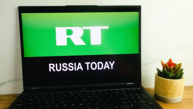 KONSKIE, POLAND - July 02, 2022: Russian television Russia Today RT logo displayed on laptop computer screen