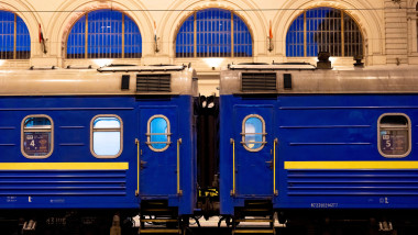 Overnight train Kyiv-Budapest seen at Budapest Keleti railway station before departure to Kyiv-Pasazhyrskyi. Overnight trains run all over Ukraine eve