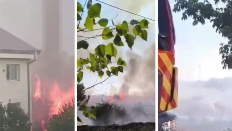 VIDEO  Incendiu puternic la marginea orașului Galați. Mai multe locuințe sunt în pericol