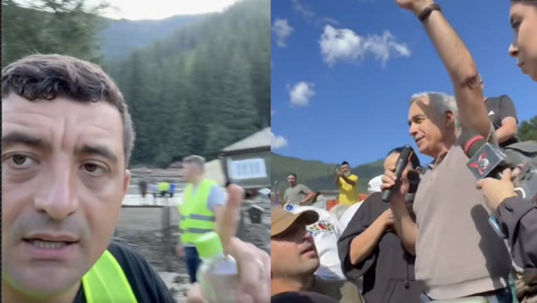 VIDEO&FOTO  „Cursa” Simion–Georgescu prin zonele inundate: fanfară militară și mers la biserică. Cei doi au venit separat, nu s-au întâlnit